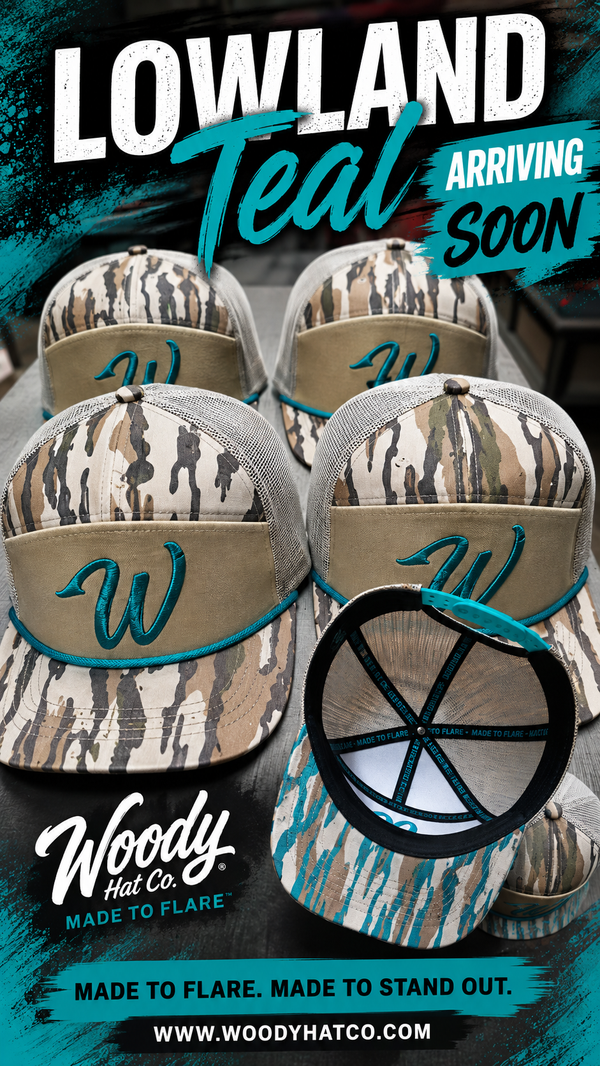 Lowland Teal limited edition hat by Woody Hat Co — camo pattern with teal embroidered W logo, arriving soon